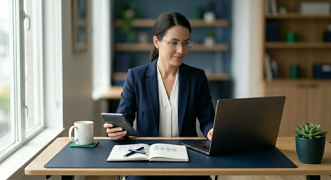 Mujer con lentes y blazer revisa un computador y una calculadora en un escritorio junto a una ventana.